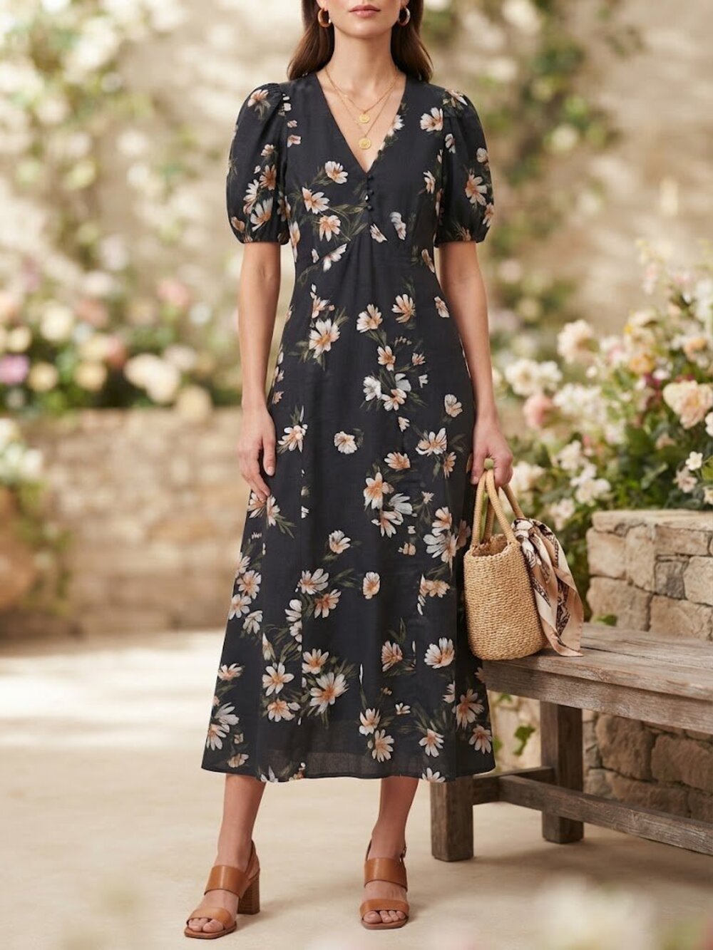 GAP Daisy Floral Print Puff-Sleeve Maxi Dress